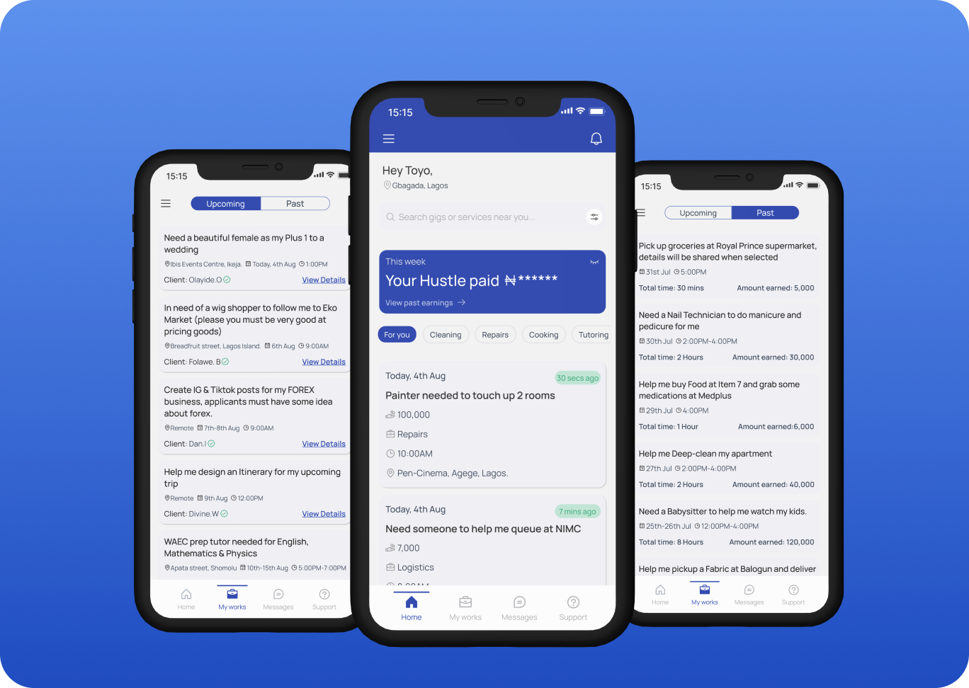 Hustle Platform — three phone mockups showing gig listings, payment confirmation and job alerts